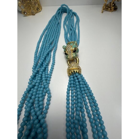 Ciner Luxury Feline Head Turquoise Beaded Necklace Earrings Set Vtg Stunning - Picture 7 of 16
